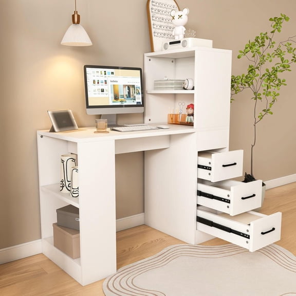 Resenkos White Computer Desk w/ Power Socket, Slide Drawers & Storage Levels, White
