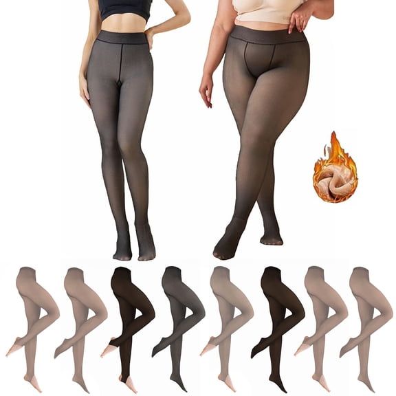 Plus Size Fleece Lined Transparent Thermal Tights for Women Under Dress Winter