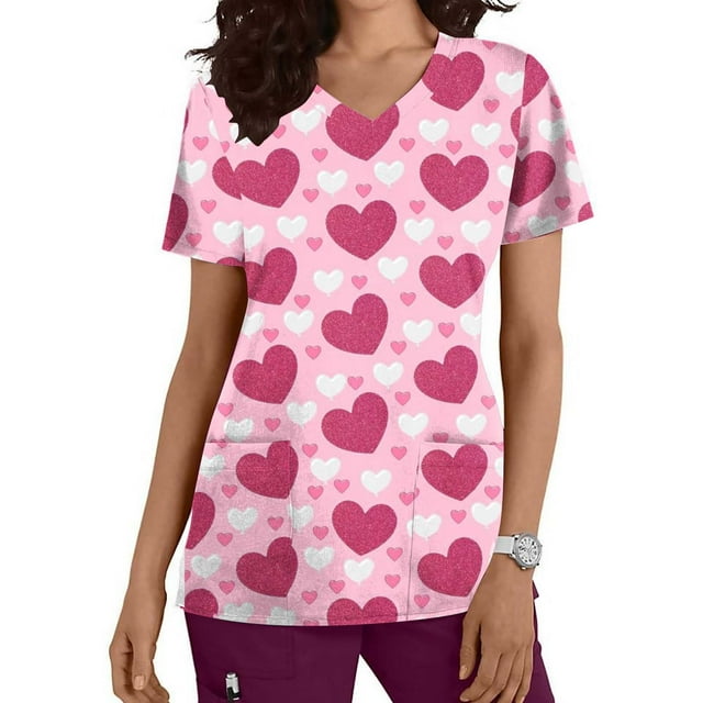 TIMIFIS Hauts de Sarrau d'Infirmière pour Femmes, Saint-Valentin, Uniforme de Travail, Manches Courtes, Col en V, Blouse T-shirt de Tenue de Travail avec Poches, Imprimé