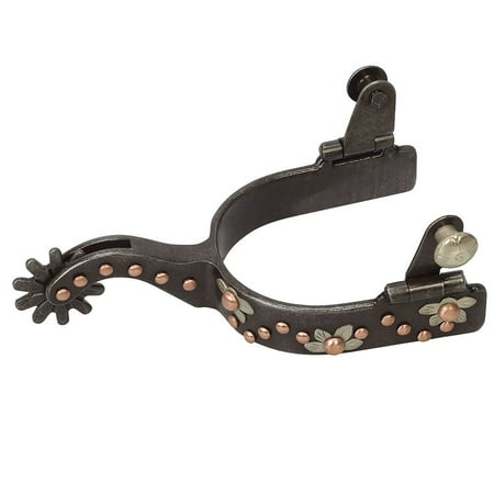Weaver Leather Ladies Spurs with German Silver Floral Trim and Copper Dots - 2 Shank 3/4 Band 10 Point Rowel