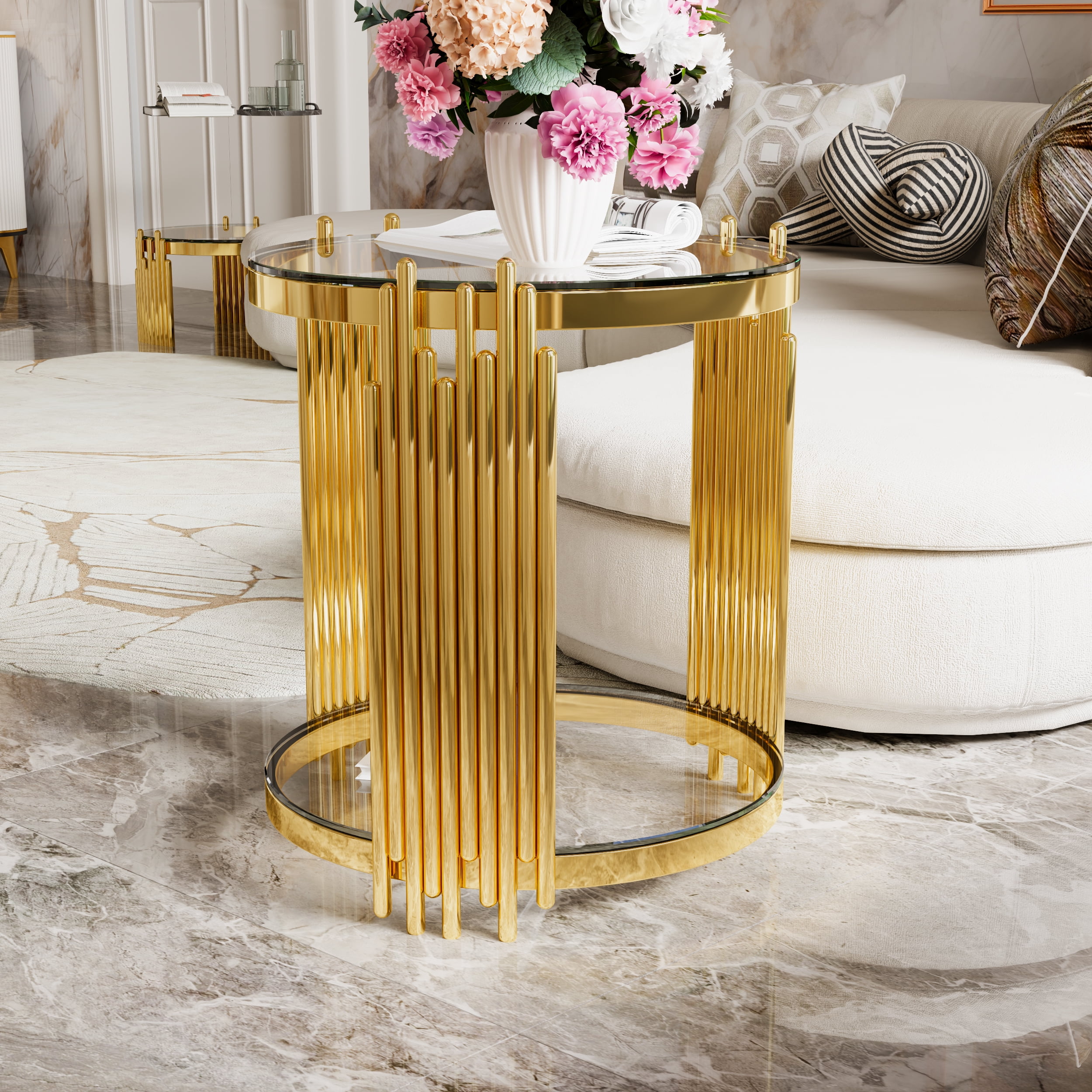 Euroco Modern Transparent Glass End Table for Living Room, Round, Asymmetrical Metal, Gold Finish & Lower Shelf, 19.8"