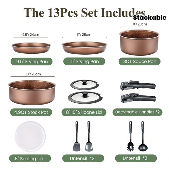 13pcs Nonstick Pots & Pans Set, Removable Handles Stackable Cookware for RV & Dishwasher. Perfect Gift For 2026.
