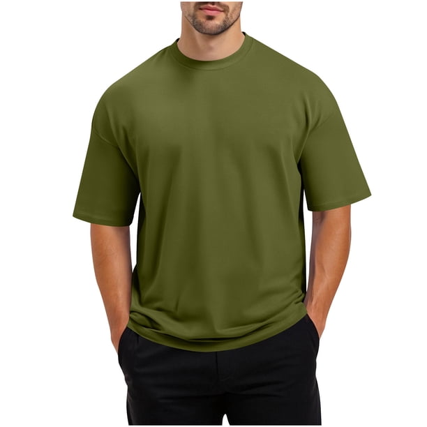 Manga Corta de Verano Tops de Color Sólido Casual Manga Corta Cuello Redondo Doblado Hendidura Superior, Camisa de Fibra de Poliéster para Hombres, Lavado de Manos