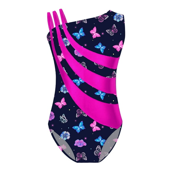 iEFiEL Kids Girls Metallic Shiny Patchwork Leotard Asymmetrical Shoulder Strap Bodysuit for Dance Gymnastics Black&Hot Pink 10