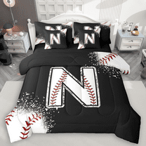 Manfei Baseball Sport Bedding Comforter Set 7 Pieces for Kids Teens, Black White Queen Bedding Sets, Monogrammed Letter N Queen Sheet Sets, Luxury Bedroom Decor