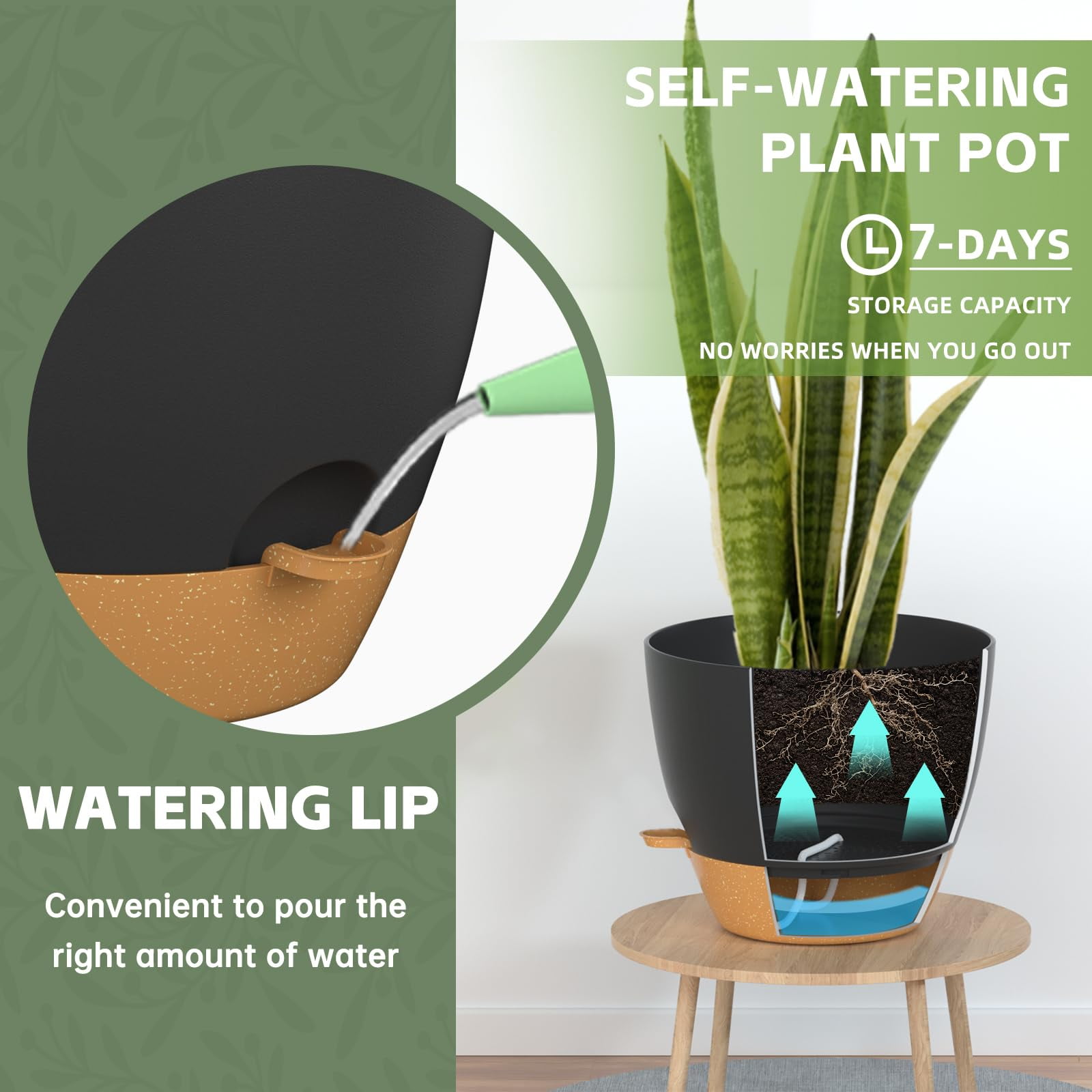 FIASON 3 Pack 8/9/10 Inch Black Grey Self-Watering Plant Pots, Plastic Planters with Watering Lip, Drainage Holes and Removable Saucer for Indoor Outdoor Plants