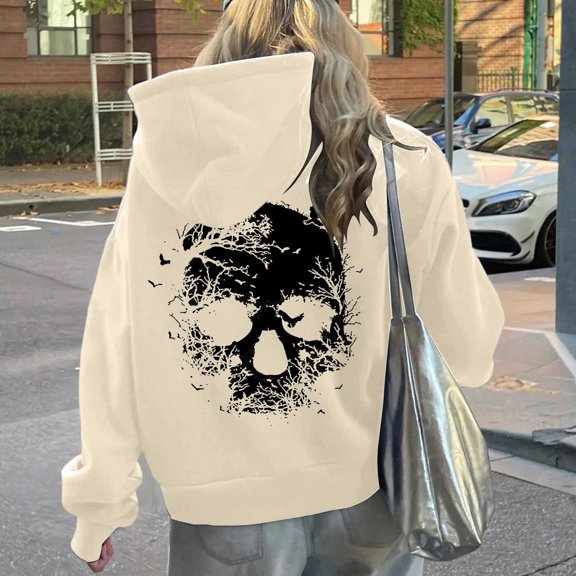 Womens Skull Bird Graphic Hoodie Long Sleeve Drawstring Pullover Sweatshirt with Pocket for Gothic Winter Streetwear Casual Sweatshirts