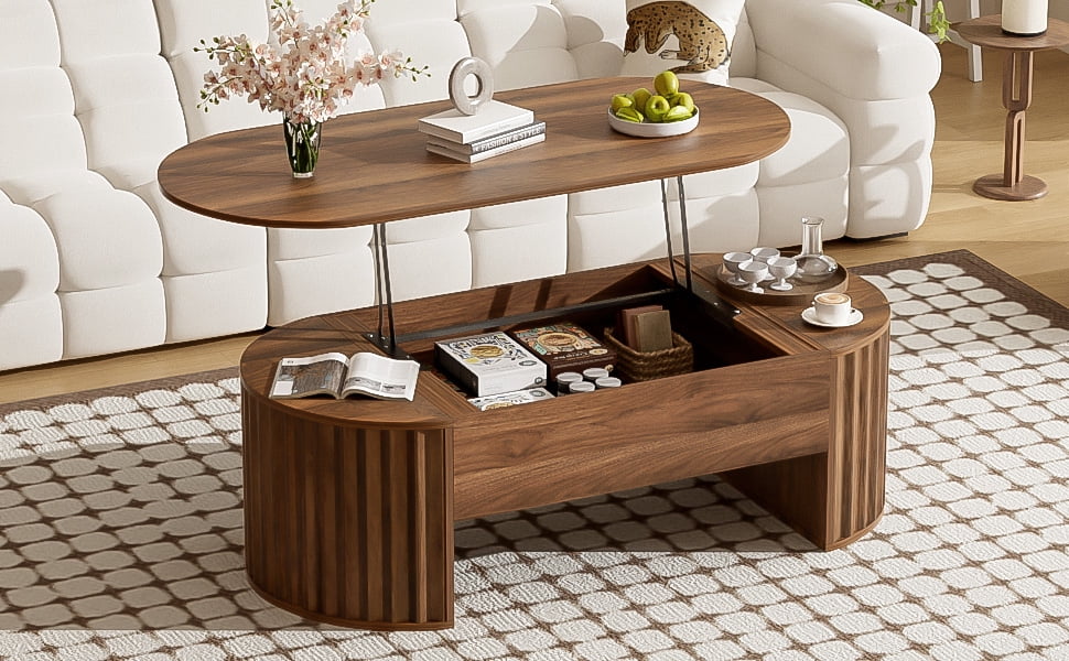 Euroco Lift-Top Coffee Table with Hidden Storage, Hydraulic Mechanism, Wavy Groove Design, Scratch-Resistant MDF Wood Finish