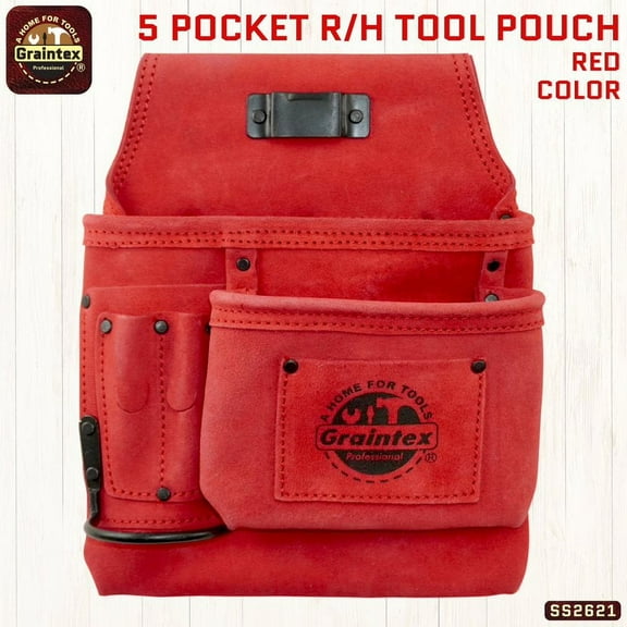 Graintex SS2621 :: 5 POCKET RIGHT HANDED NAIL & TOOL POUCH RED COLOR SUEDE LEATHER