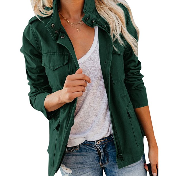 Chaqueta de invierno Abrigos para mujer Otoño Chaqueta de carga Damas Thin Safari Outwear con bolsillos