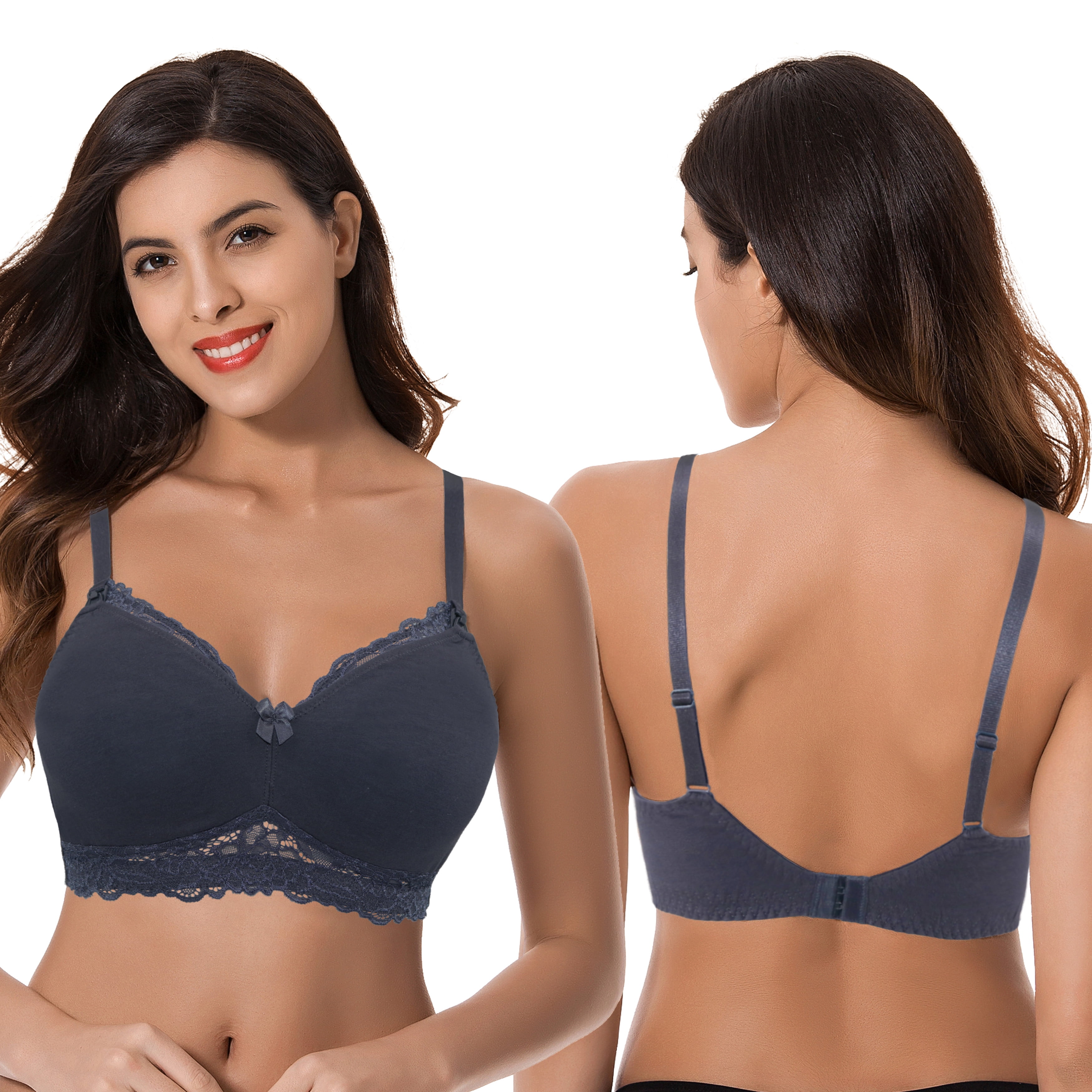 Curve Muse Plus Size Nursing Cotton Unlined Wirefree Bra With Lace Trim-2 PK-LIGHT PINK,SLATE-46DD