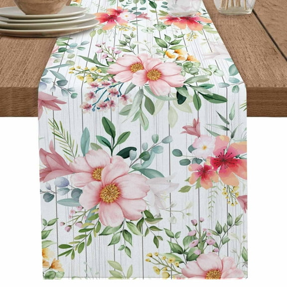 Watercolor Pink Flower on Vintage Wood Board Table Runner-70 Inch Long Green Leaves Table Runners Linen Burlap Tablerunner for Kitchen Dining Room Holiday Party