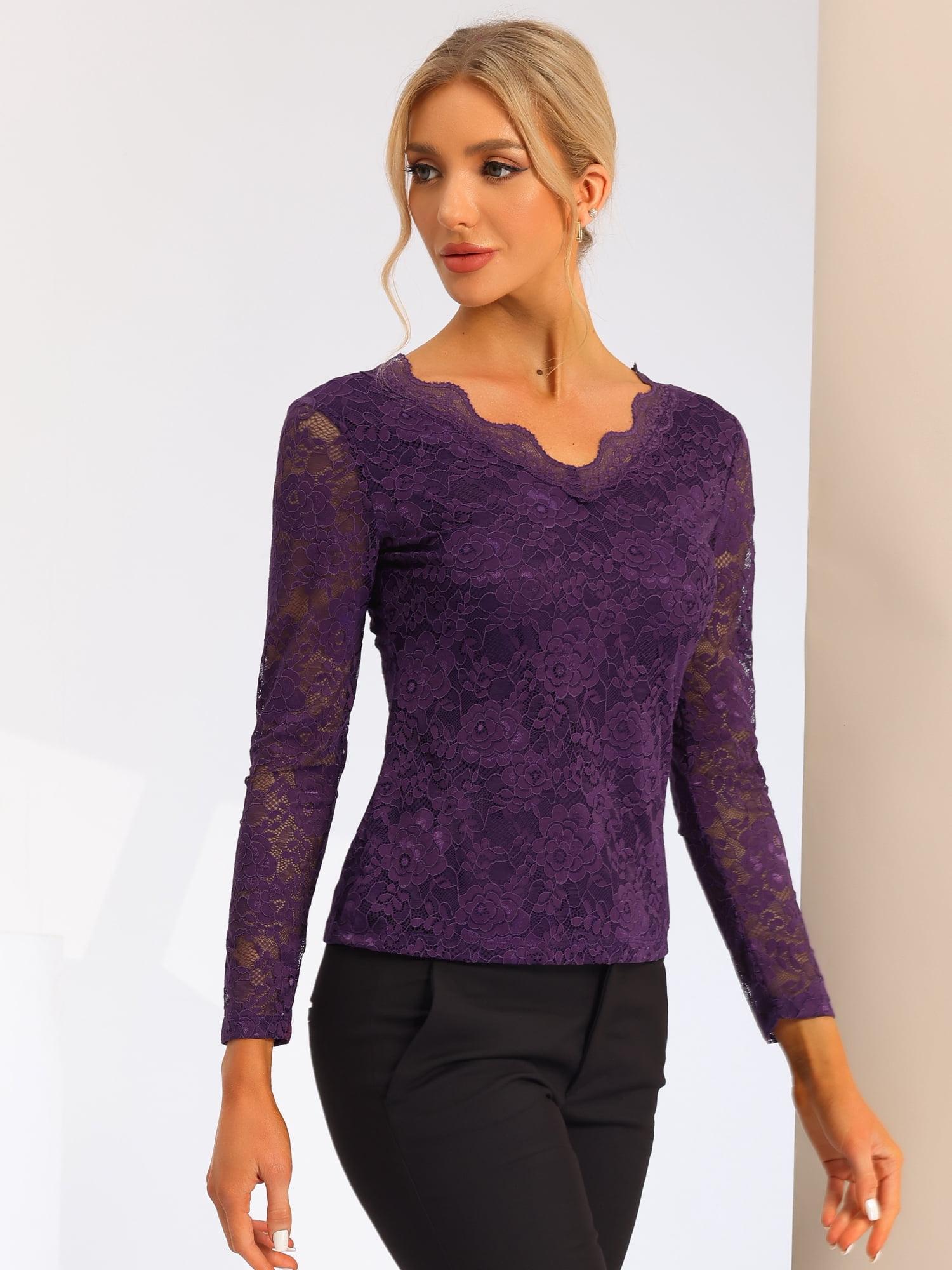 DARING DIVA Floral Lace Shirt Lace Scalloped Trim Blouse L Purple