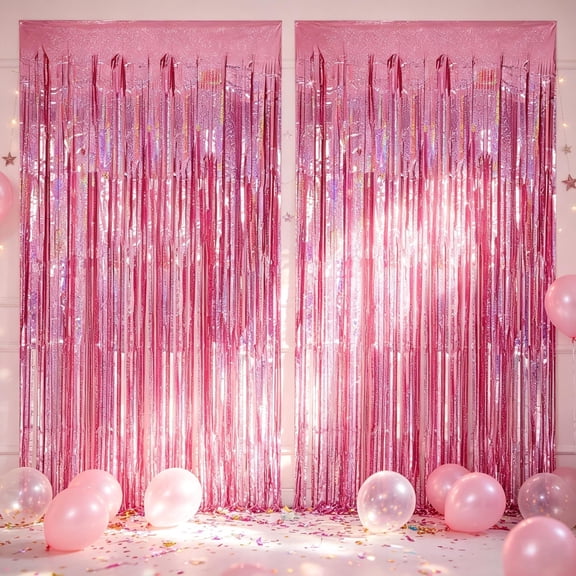 Tinsel Curtain Pink Birthday Party Decorations 2 Packs Glitter Foil Fringe Curtain Decor Streamers Photo Booth for Birthday Christmas Wedding Halloween Graduation