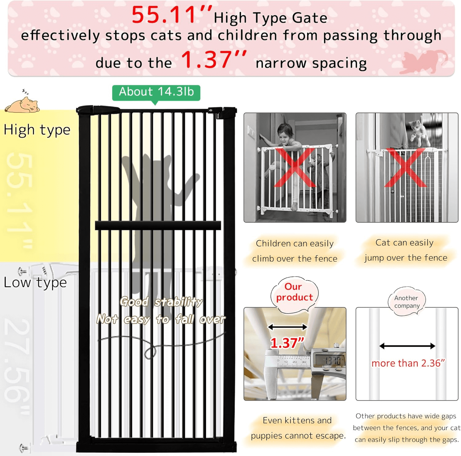 Lumizone Extra Tall Pet Gate 55.12" High Pressure Mounted 38.39"-42.51" Extra Wide 1.37" Gap for Cat Dog Children Stairs Doorway Hallway No Drilling Auto-Close (38.39"-42.51", Black)