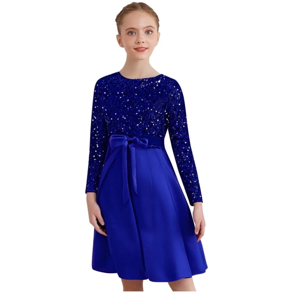 iiniim Girls Glittery Sequin Party Gown Round Collar Long Sleeve High Waist Belted Pleated Dress Blue 6