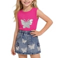 thumbnail image 2 of Girls 2Pcs Skirts Sets Outfits Summer Short Sleeve Crewneck Tops and Denim Vintage Skirts Versatile Cute Bow Print Tops School Outfits Casual Children Clothes Age 2-8 Years Hot Pink 7-8Years, 2 of 7