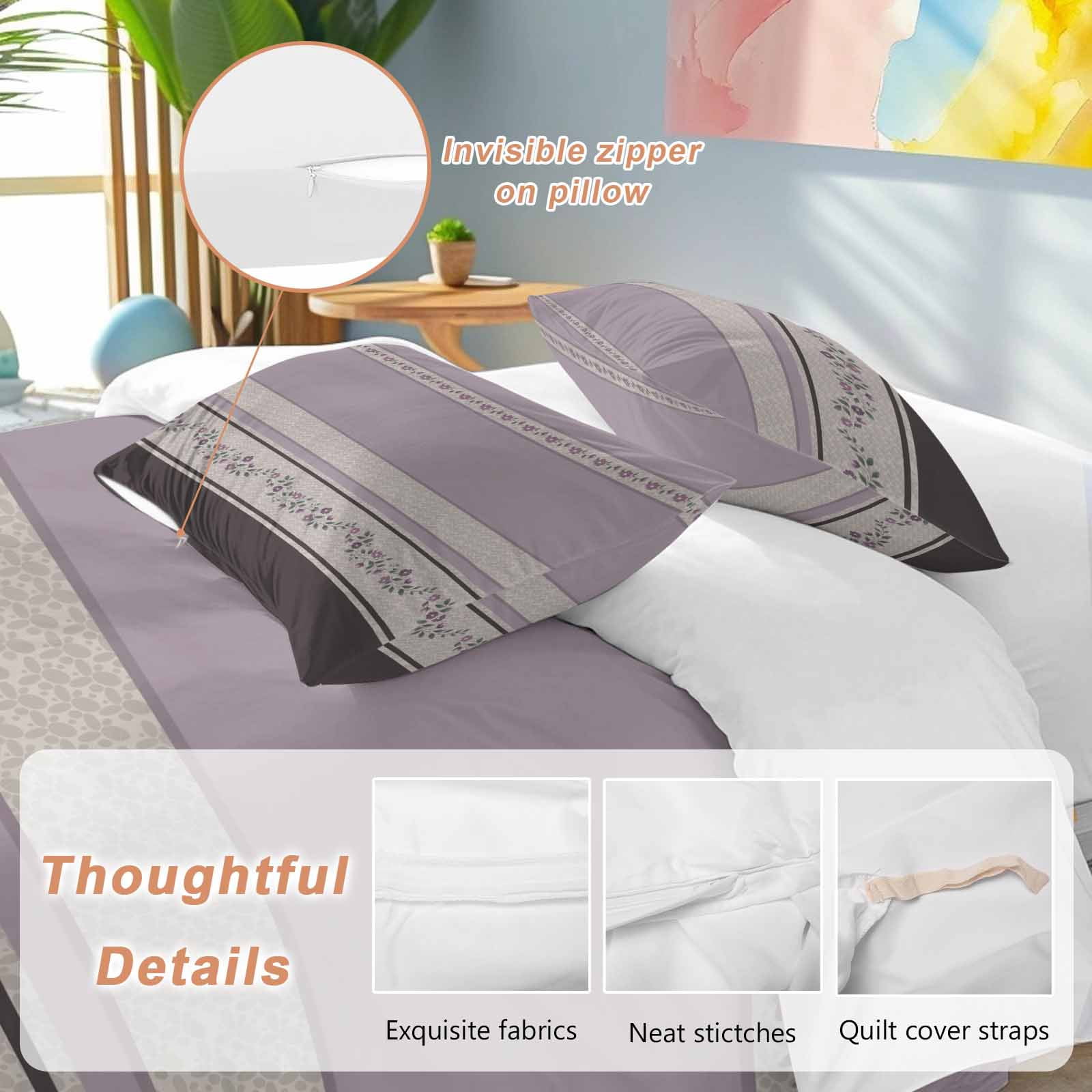 Purple Floral Bedding 3 Piece Duvet Cover Set California King, Modern Farmhouse Leaves Brown Striped Microfiber Comforter Cover with Zipper Closure & Pillowcases, Wrinkle & FadeResistant Quilt Cover
