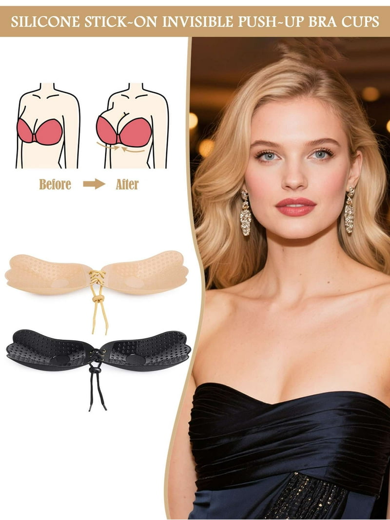 Gustavedesign Women's Strapless Invisible Bra Push Up Self Adhesive Bra Silicone Bras with Drawstring Sticky for Dess Wedding Party Skin,A Cup, Beige