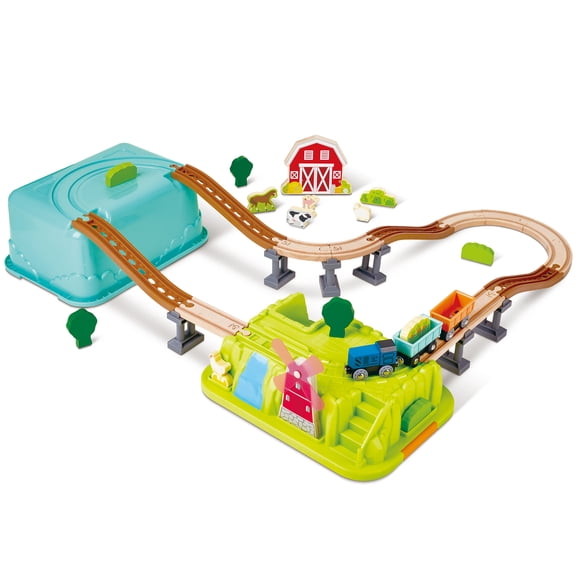 Hape: Farmyard Train Bucket Set - Wooden Train Animal Set, Building Toy, Storage Box, Build A Farm Landscape Around Your Train, Toddlers & Kids Age 3 