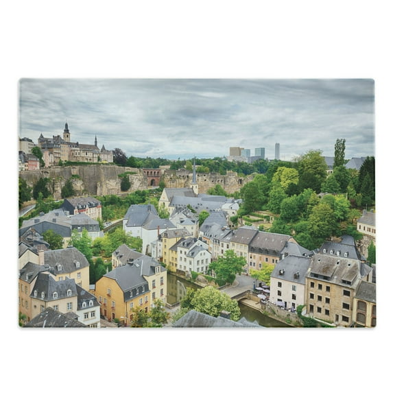 Landscape Cutting Board, View of Old Town Area Luxembourg City Touristic Destination European Scenic Photo, Decorative Tempered Glass Cutting and Serving Board, Large Size, Multicolor, by Ambesonne