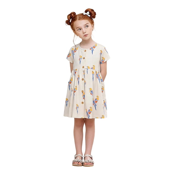 Bobifish Toddler Girls Dress Round Neck Short Sleeve Tee Dress Front Button Side Pocket A-Line Cartoon Printed Sundress