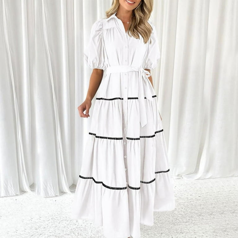 Pretty Comy Women s Summer Button Down Shirt Dress Short Puff Sleeve Layered Ruffled Flowing Long Dress
