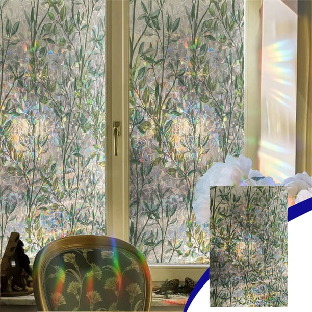 Lámina para ventanas con diseño de vidrieras de hojas – Cubierta decorativa electrostática para ventanas con efecto arcoíris, control de calor extraíble para el hogar, baño y oficina.