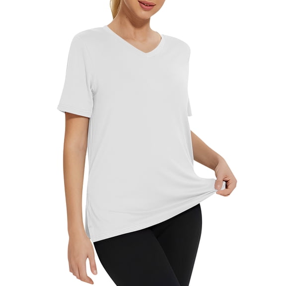 Sevevn Women's V Neck Short Sleeve Workout Tops Loose Fit Quick Dry Side Slit Athletic T-Shirts White S