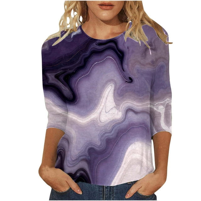 JFHHQ T-Shirt de Sport à Col Rond pour Femmes, Mode, Motif Dégradé Doré, Confortable, Coupe Ample, Décontracté, Manches Trois-Quarts, Violet