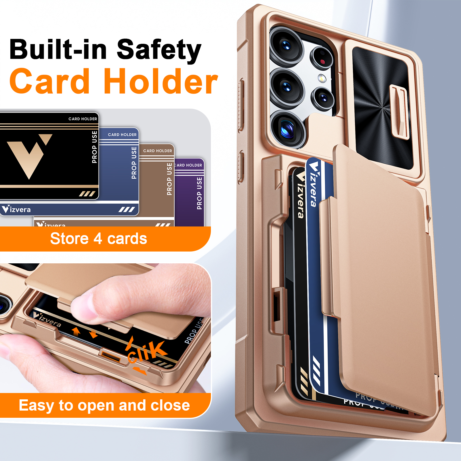 Vizvera for Samsung Galaxy S25 Ultra Wallet RFlD Cards Holder,Camera Control,Camera Cover,Rugged Shockproof Silicone Protective Phone Case-Champagne