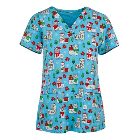 

Danhjin Womens Nursing Scrub Tops Printed Working Uniform Short Sleeve V-Neck Workwear Blouse T-shirt with Pockets Scrubs - Summer Savings Clearance