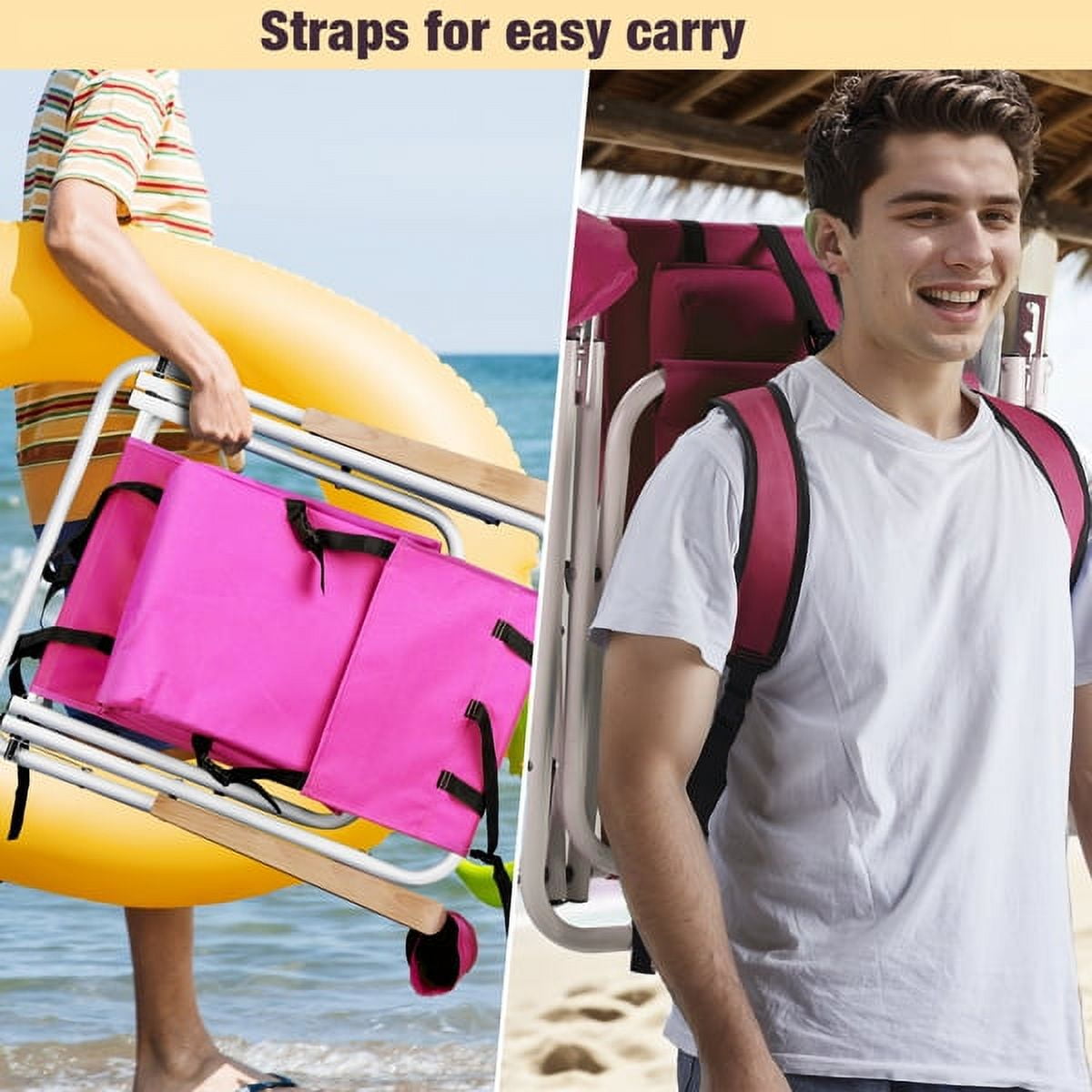 Alvantor 2 Pack Folding Beach Chair for Adults with 4 Position Recline Headrest Cup Holder Wooden Armrests Pink