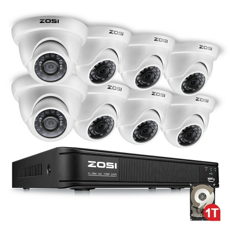 ZOSI 8-Channel 720P HD-TVI Home Surveillance Camera System,1080N CCTV DVR Recorder (1TB Hard Disk Built-in ) and (8) 1.0MP 1280TVL Outdoor/Indoor Security Cameras with Night Vision