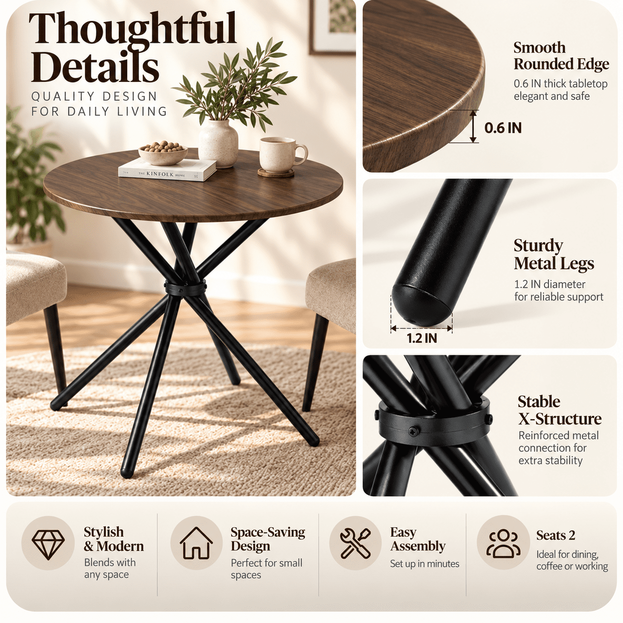 Homy Casa 31.5 in Round Dining Table for 2-4, Small Space Kitchen Table with Metal Legs, Walnut Brown