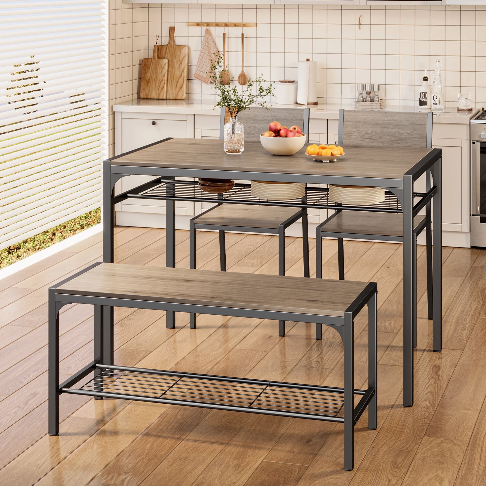 Asofer 4 Piece Dining Table Set for 4 with 2 Chairs & Bench, Kitchen Table with Storage Rack, Space Saving Dining Set for Small Space, Apartment, Gray