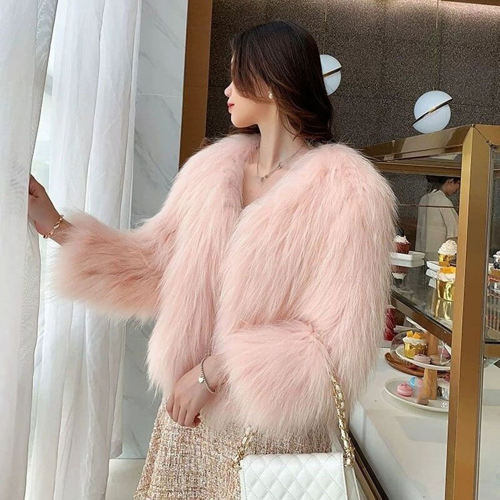 Danceemangoo Luxury Faux Rabbit Fur Coat for Women Korean Chic Short Zipper Faux Fur Jacket Ladies Winter Thick Warm Plush Jackets, Adult Unisex, Size
