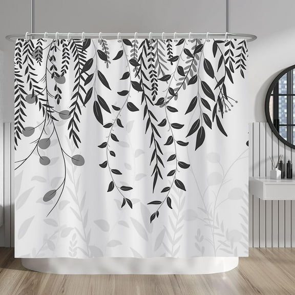 Black Leaf Shower Curtains with Hooks Farmhouse Botanical Black White Floral Leaves Fashion Shower Curtain for Bathroom Decor Waterproof Polyester Shower Curtain for Bathroom 84x72 Inch