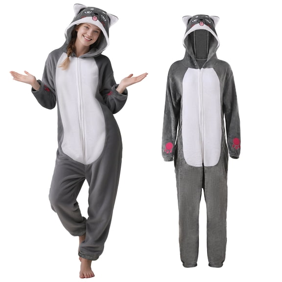 PJKOBMJ Cute Adult Onesie - Animal Cosplay Costume - Unisex Costume Adult Plush Fluffy One Piece Cosplay Suit for Adults, Women and Men(Husky-Gray-S)