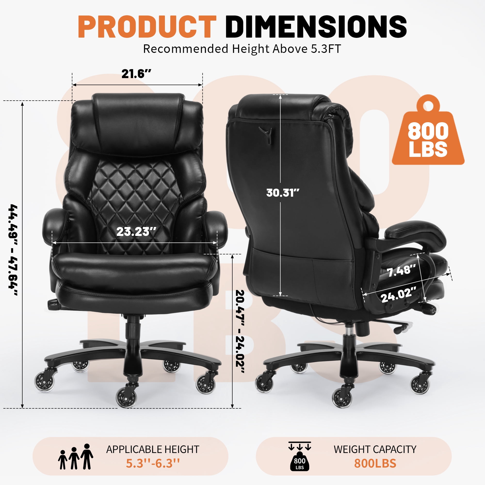Qusaphy 800LBS Big and Tall Executive Office Chair, PU Leather Ergonomic Desk Chair with Adjustable Backrest and Thick Padded Cushion, Heavy Duty Chair for Home or Office Black