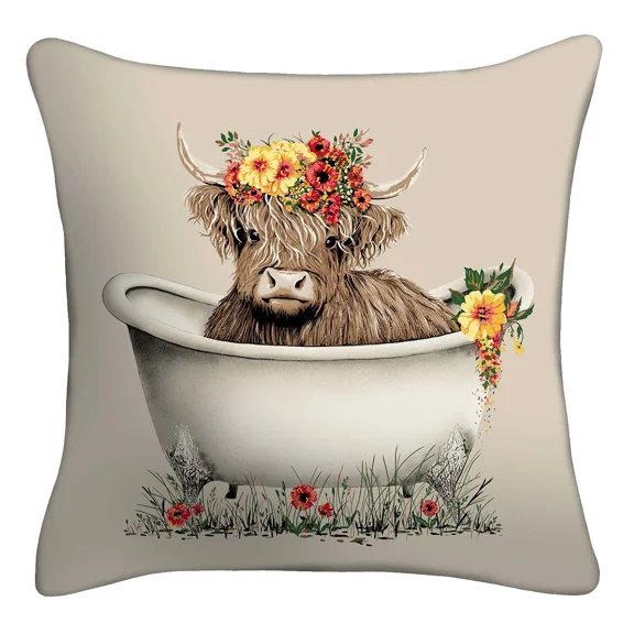 RIVEN- 16" X 16" Highland Cow Decorative Outdoor Throw Pillow, Multicolor