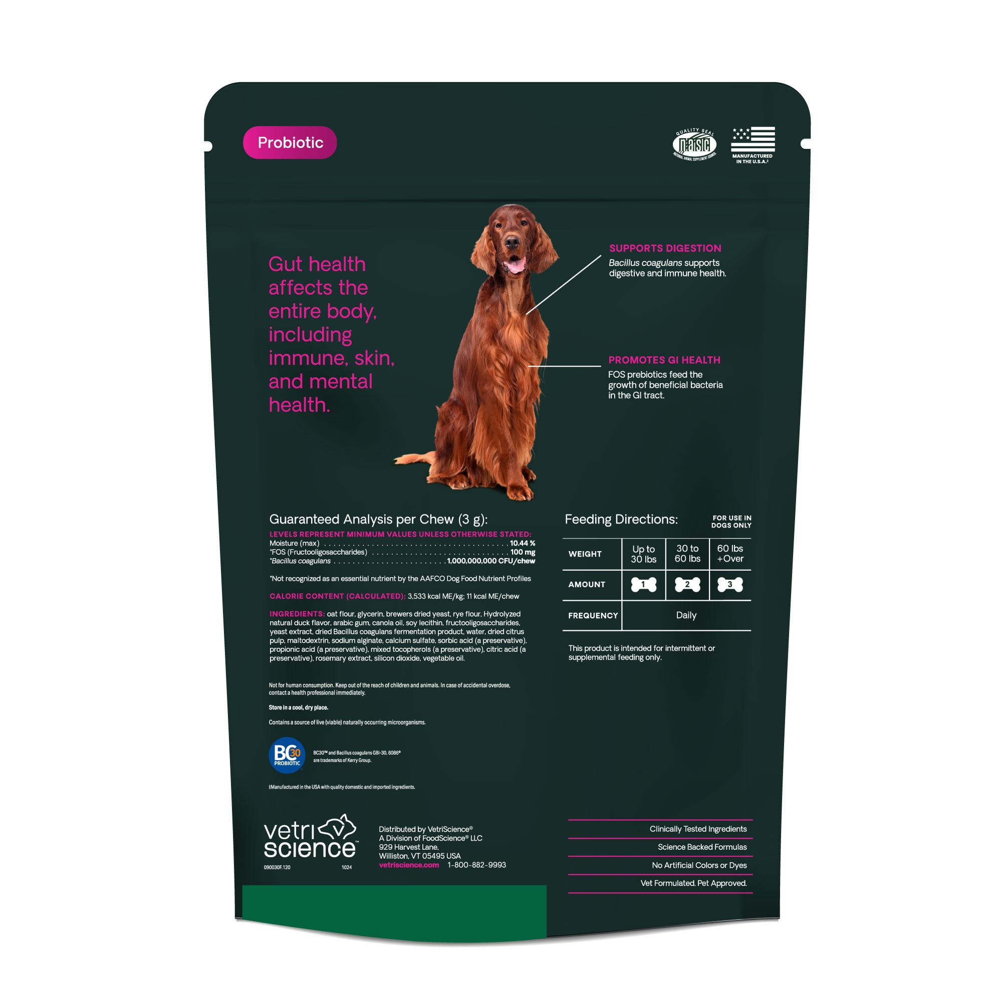 VetriScience Gut Health Supplement Chews for Dogs, Duck Flavor, 120 Count Bag
