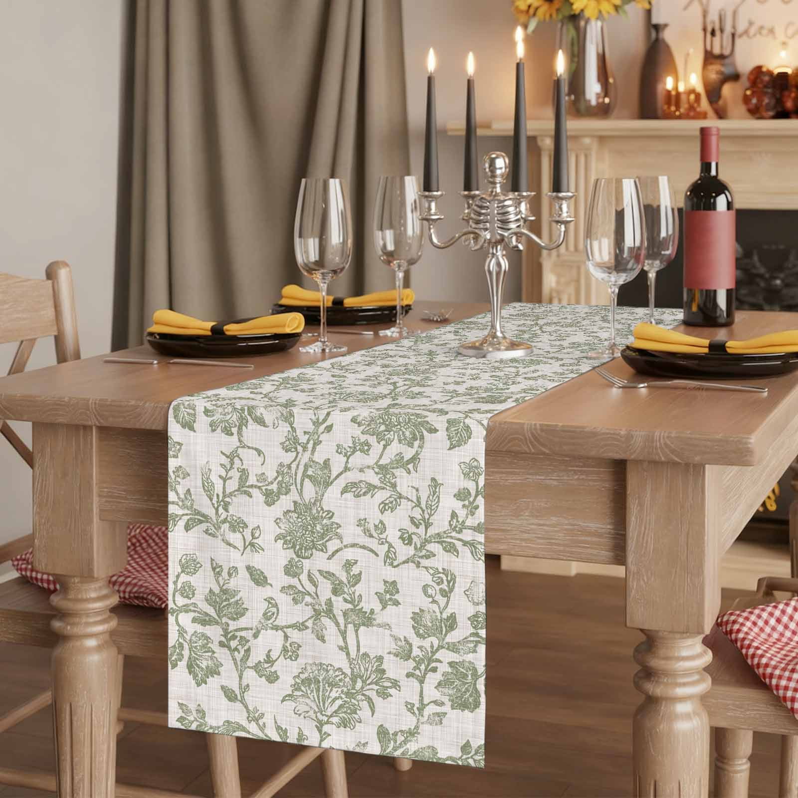 Farmhouse Sage Green Table Runner 90 Inches Long,Vintage Flower Leaf Botanical Cotton Linen Table Runners Dresser Scarves,Decorative Tabletop Scarf Furniture Cover for Home Dinner Party 13"x90"