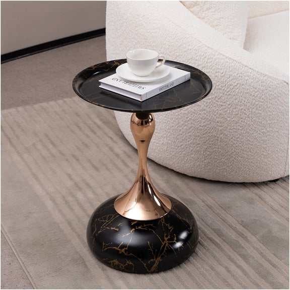 JERFIT Mermaid Tail Pedestal Side Table, 20 Inch Round Metal Accent Table for Living Room, Black Art Deco Cocktail Table with Tray Top for Small Spaces