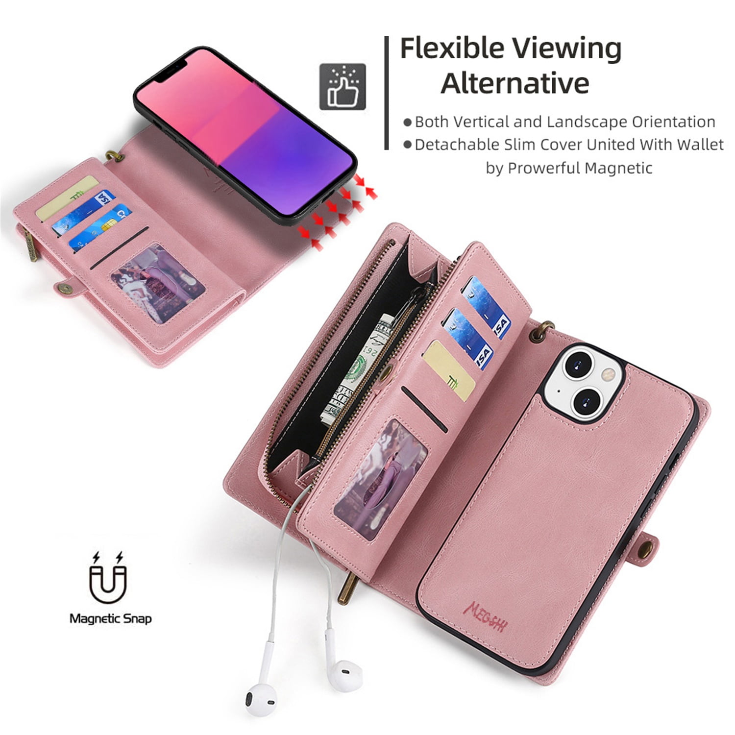 Defencase for iPhone 13 Mini Case for Women Men, Removable Durable PU Leather Magnetic Flip Strap Wristlet Zipper Purse Card Holder Detachable Wallet Phone Cases for iPhone 13 Mini, Pink