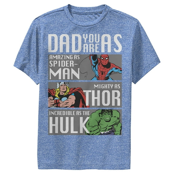 Boy's Marvel Dad You Are as Amazing as Spider-Man Mighty as Thor Incredible as the Hulk  Performance Graphic Tee Royal Blue Heather X Large