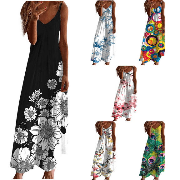 Jacenvly New Sun Dresses for Women 2024 Summer Dresses for Women Print Sleeveless Round Neck Dress Casual Dresses Comfort Fit Fashion Linen Dresses for Women 2024 Multicolor