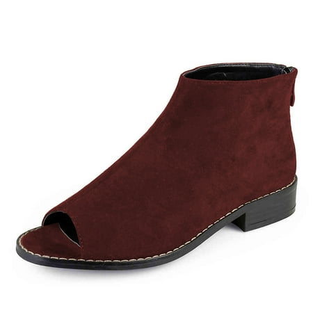 

YDN Women Comfort Block Low Heels Ankle Bootie Peep Toe Pumps Versatile Suede Flats Shoes with Back Zipper Daily Size 7.5 Wine Red