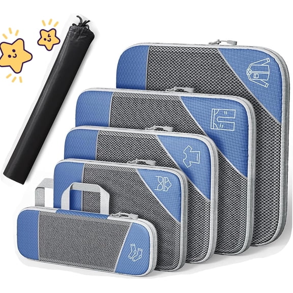 Simplify Living Compression Packing Cubes for Travel, Tripped Compression Packing, 5 Set Compressible, Travel Essentials (blue)