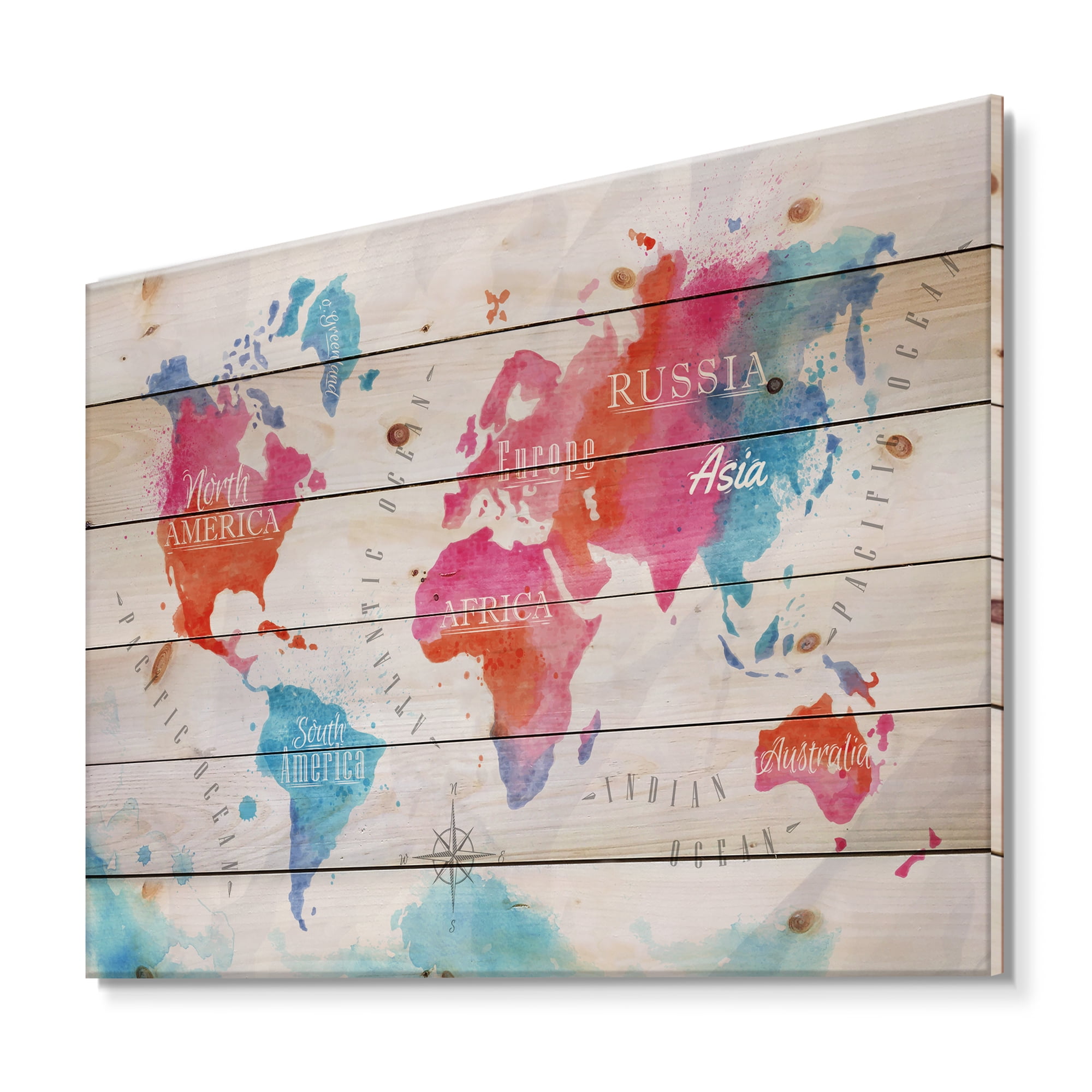 Designart 'World Map In Blue and Pink' Modern Print on Natural Pine Wood